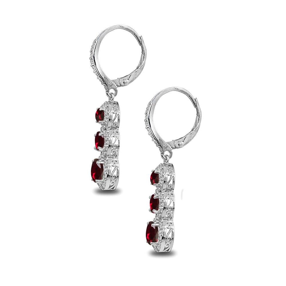 Sterling Silver Created Ruby Journey Halo Three-Stone Dangle Leverback Earrings-2