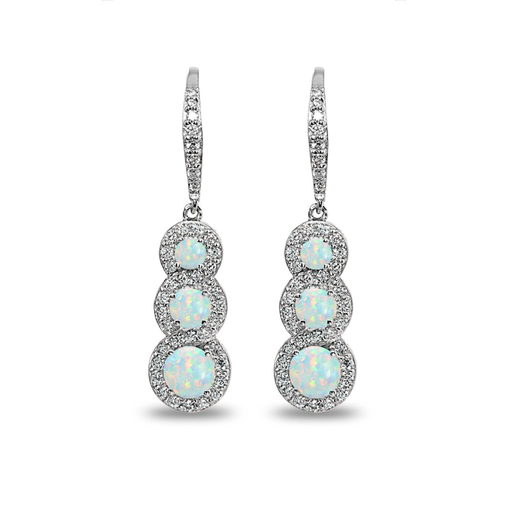 Sterling Silver Created White Opal Journey Halo Three-Stone Dangle Leverback Earrings