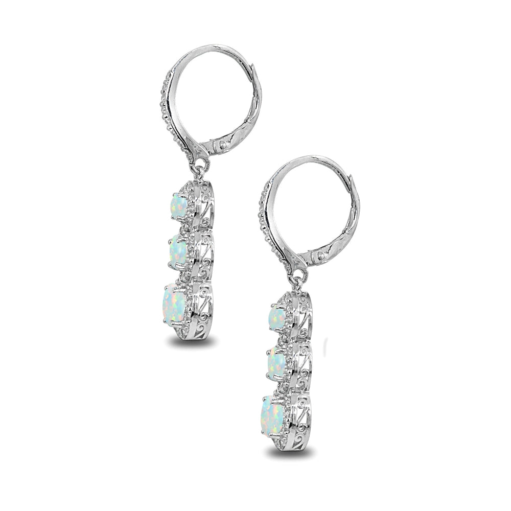 Sterling Silver Created White Opal Journey Halo Three-Stone Dangle Leverback Earrings-2