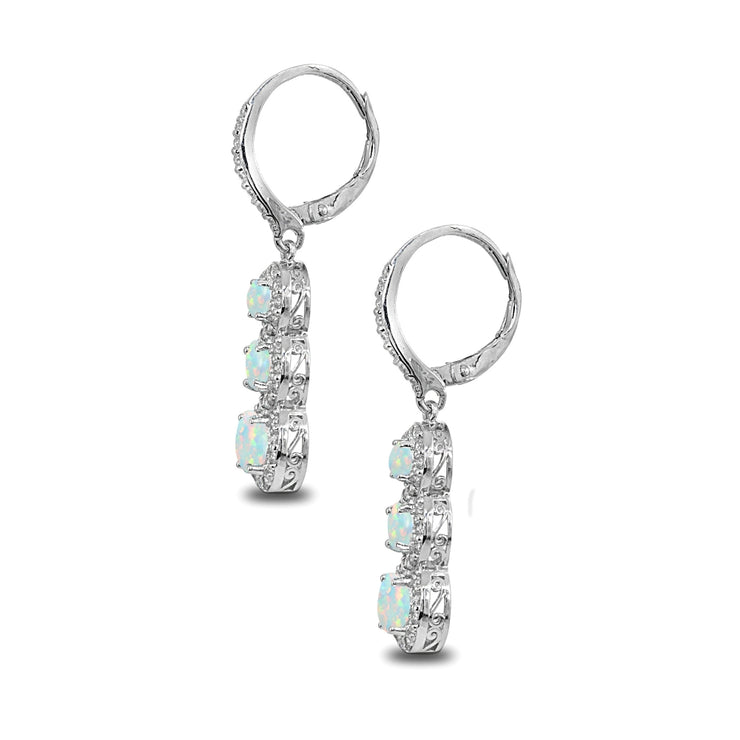 Sterling Silver Created White Opal Journey Halo Three-Stone Dangle Leverback Earrings