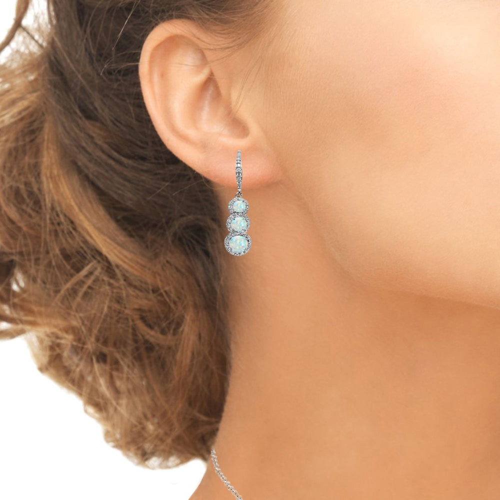Sterling Silver Created White Opal Journey Halo Three-Stone Dangle Leverback Earrings-3