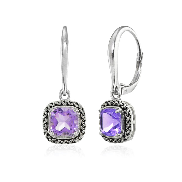 Sterling Silver Amethyst Cushion-Cut 7mm Oxidized Braid Dangle Leverback Earrings