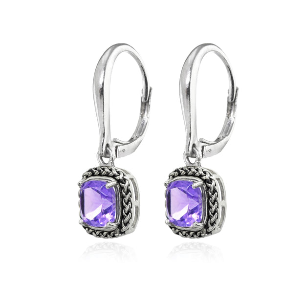 Sterling Silver Amethyst Cushion-Cut 7mm Oxidized Braid Dangle Leverback Earrings