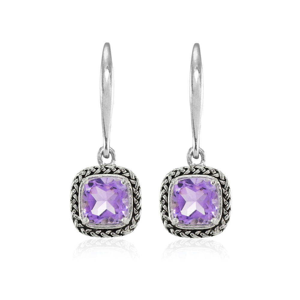 Sterling Silver Amethyst Cushion-Cut 7mm Oxidized Braid Dangle Leverback Earrings-3