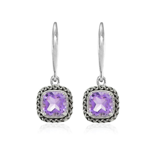 Sterling Silver Amethyst Cushion-Cut 7mm Oxidized Braid Dangle Leverback Earrings