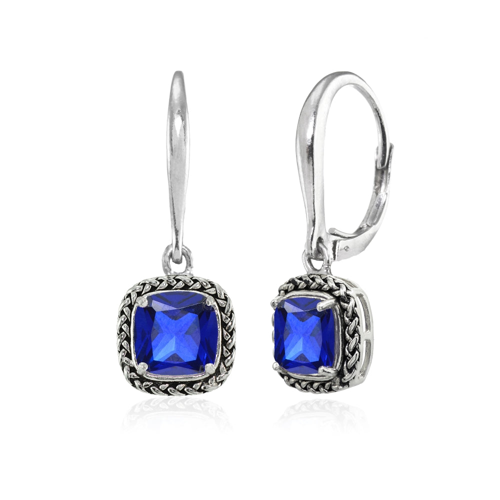 Sterling Silver Created Blue Sapphire Cushion-Cut 7mm Oxidized Braid Dangle Leverback Earrings