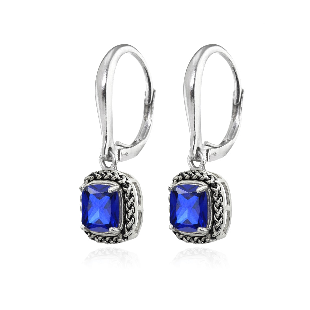 Sterling Silver Created Blue Sapphire Cushion-Cut 7mm Oxidized Braid Dangle Leverback Earrings-2