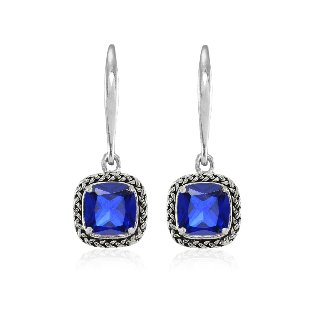 Sterling Silver Created Blue Sapphire Cushion-Cut 7mm Oxidized Braid Dangle Leverback Earrings-3
