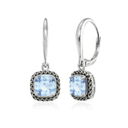 Sterling Silver Blue Topaz Cushion-Cut 7mm Oxidized Braid Dangle Leverback Earrings