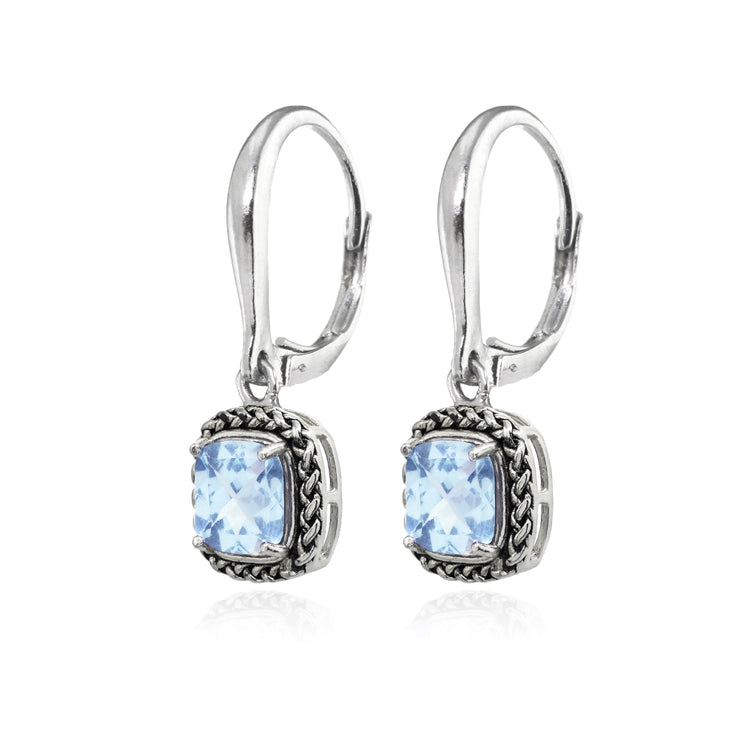 Sterling Silver Blue Topaz Cushion-Cut 7mm Oxidized Braid Dangle Leverback Earrings