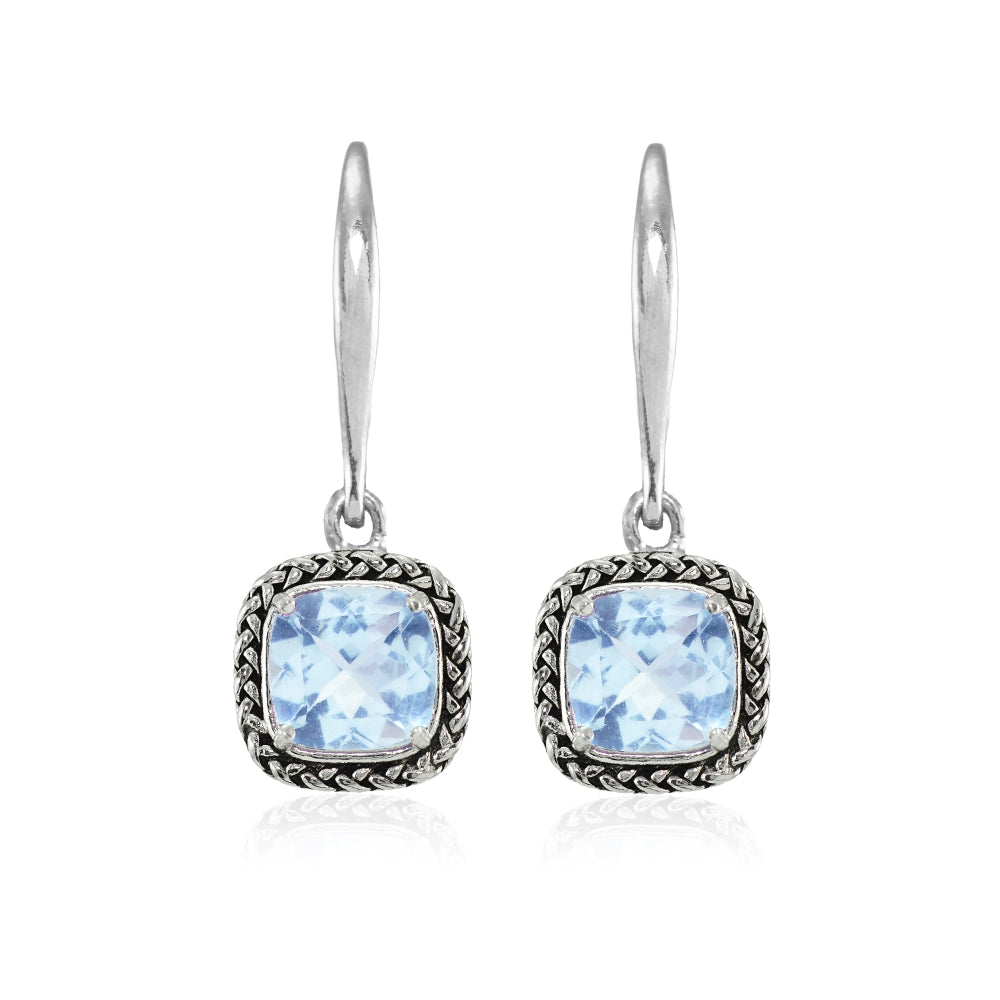 Sterling Silver Blue Topaz Cushion-Cut 7mm Oxidized Braid Dangle Leverback Earrings-3
