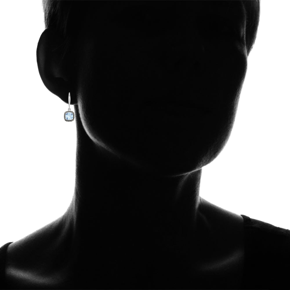 Sterling Silver Blue Topaz Cushion-Cut 7mm Oxidized Braid Dangle Leverback Earrings-4