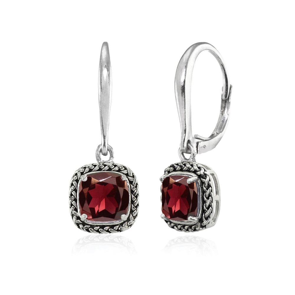 Sterling Silver Garnet Cushion-Cut 7mm Oxidized Braid Dangle Leverback Earrings