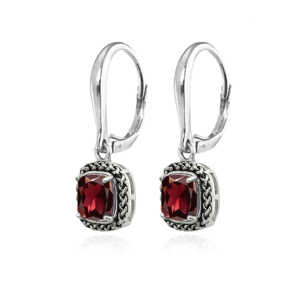 Sterling Silver Garnet Cushion-Cut 7mm Oxidized Braid Dangle Leverback Earrings-2