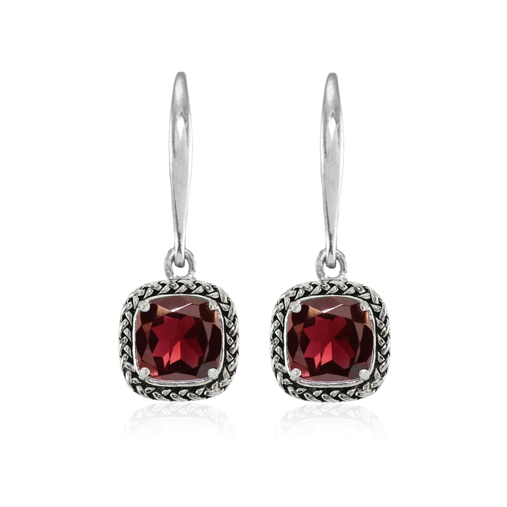 Sterling Silver Garnet Cushion-Cut 7mm Oxidized Braid Dangle Leverback Earrings-3