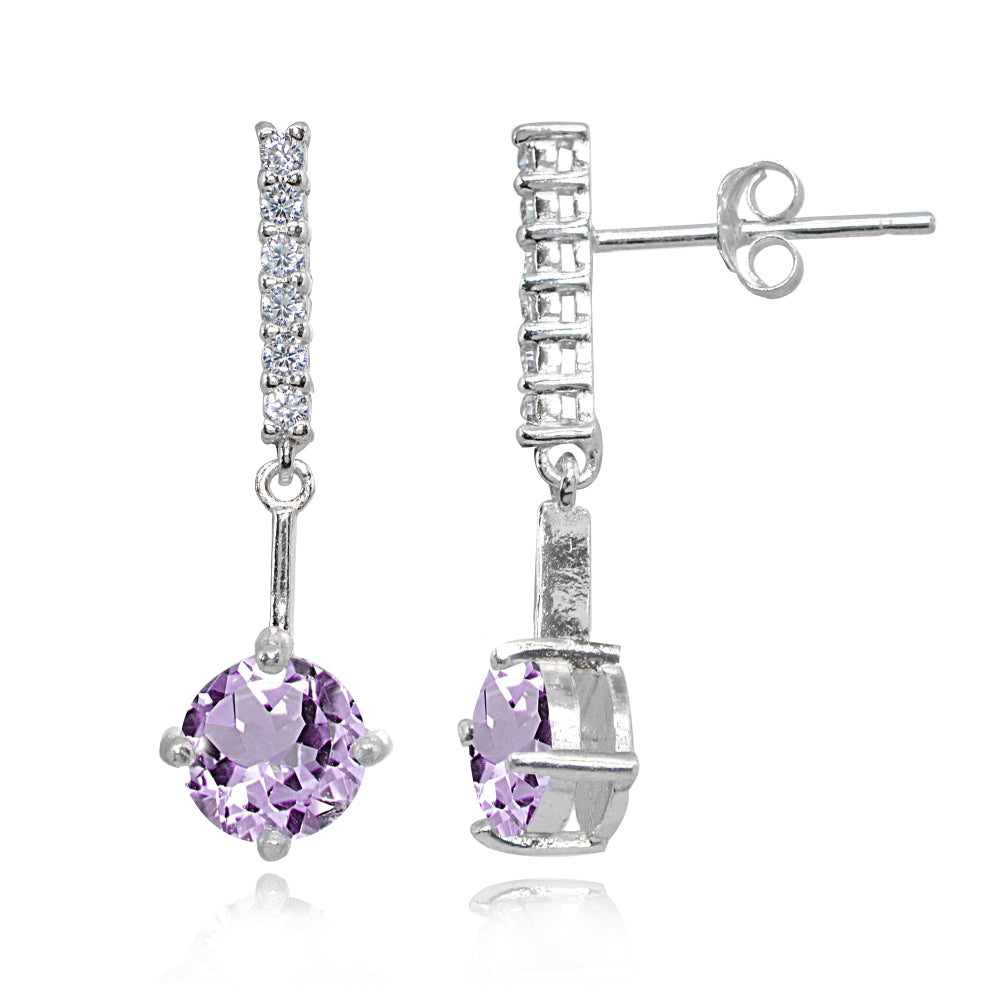 Sterling Silver Amethyst & White Topaz Round Encrusted Bar Dangle Drop Earrings