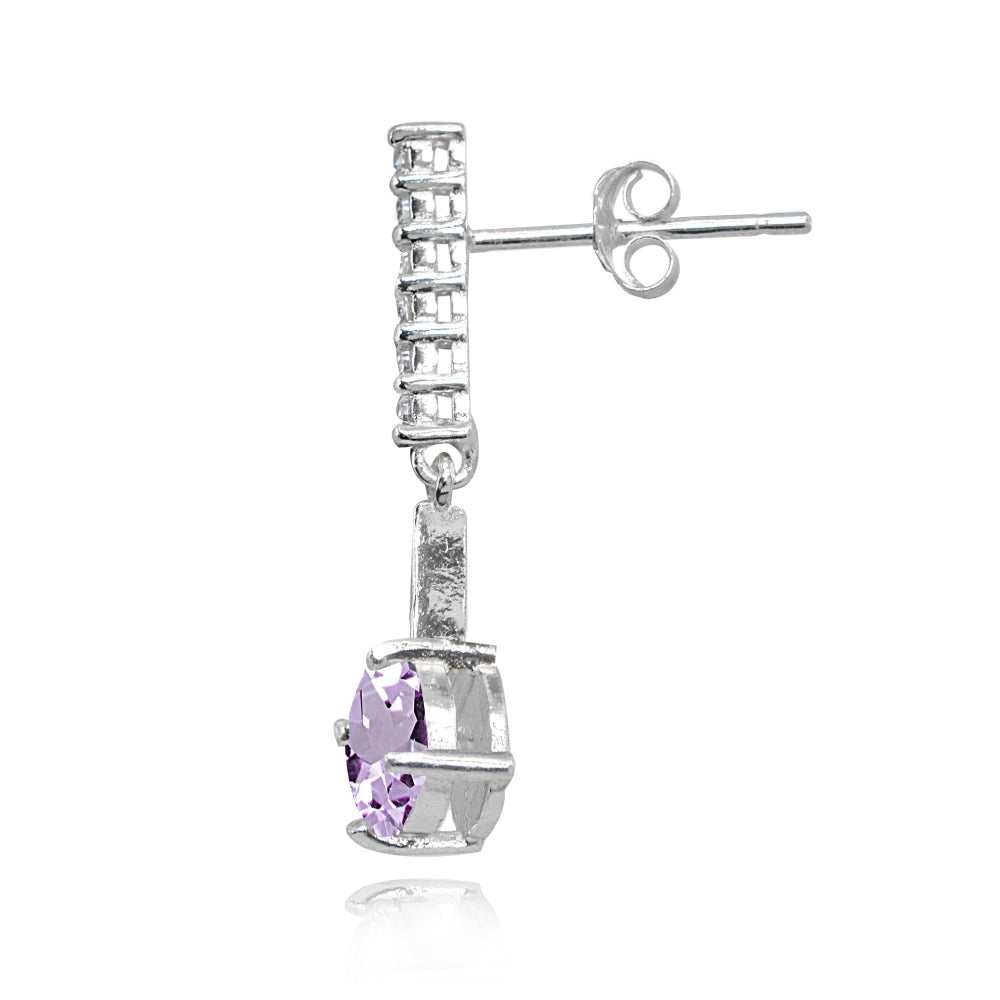 Sterling Silver Amethyst & White Topaz Round Encrusted Bar Dangle Drop Earrings-2