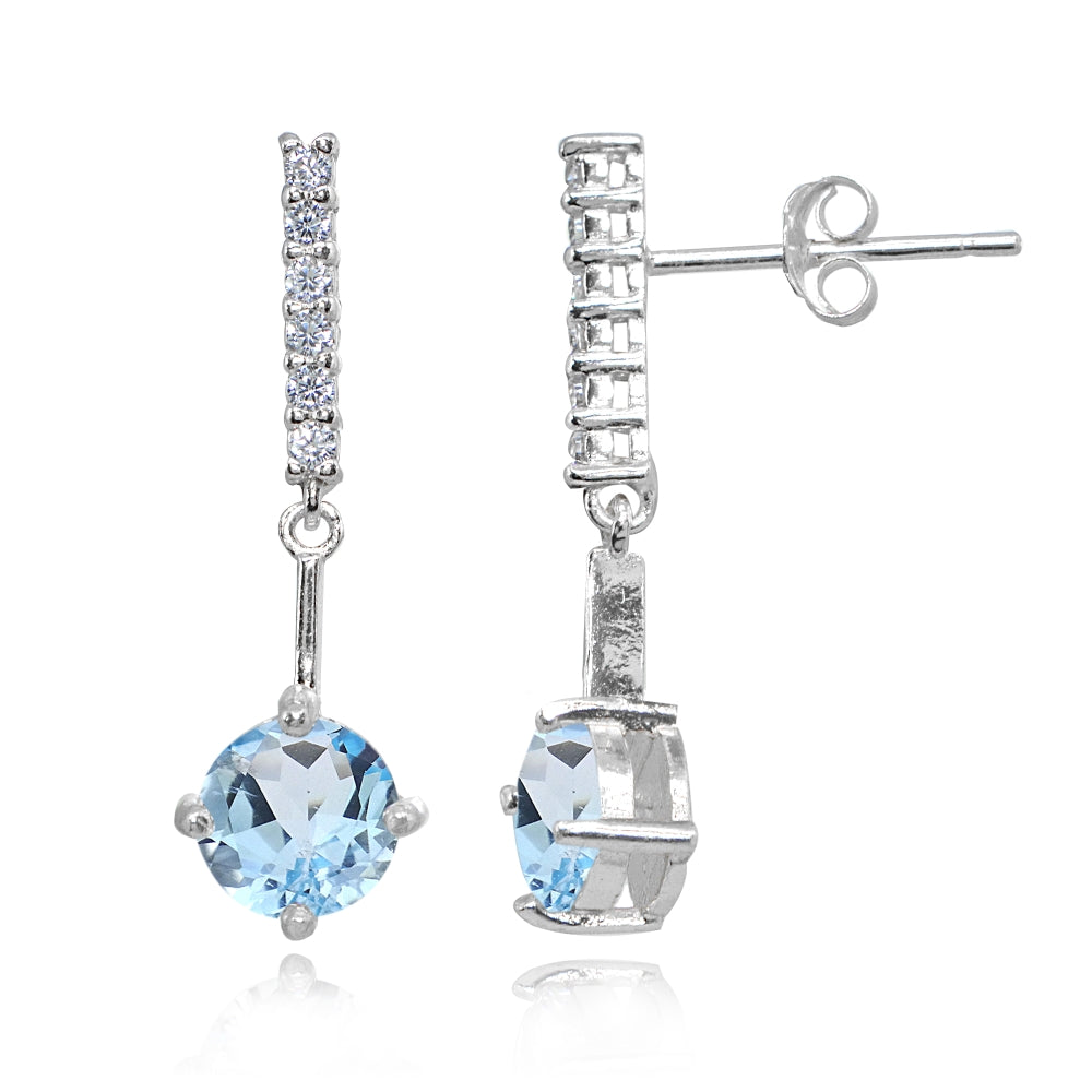 Sterling Silver Blue & White Topaz Round Encrusted Bar Dangle Drop Earrings
