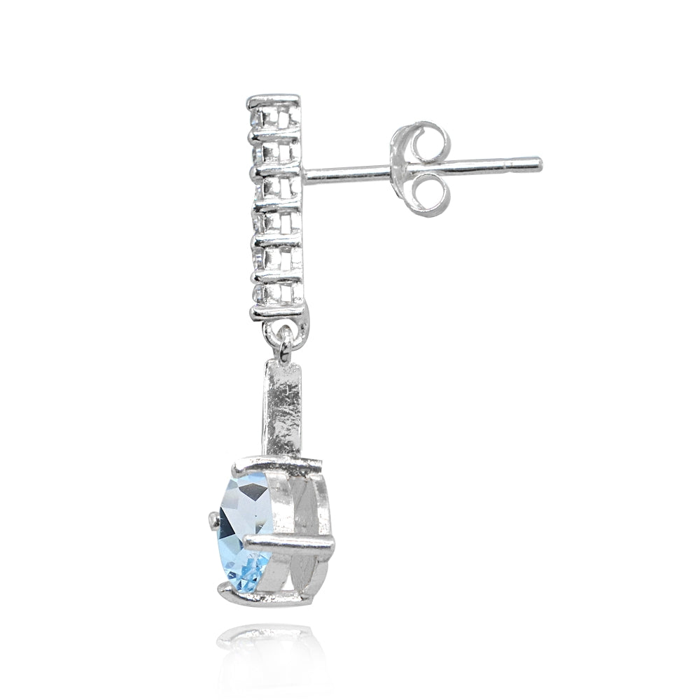 Sterling Silver Blue & White Topaz Round Encrusted Bar Dangle Drop Earrings-2