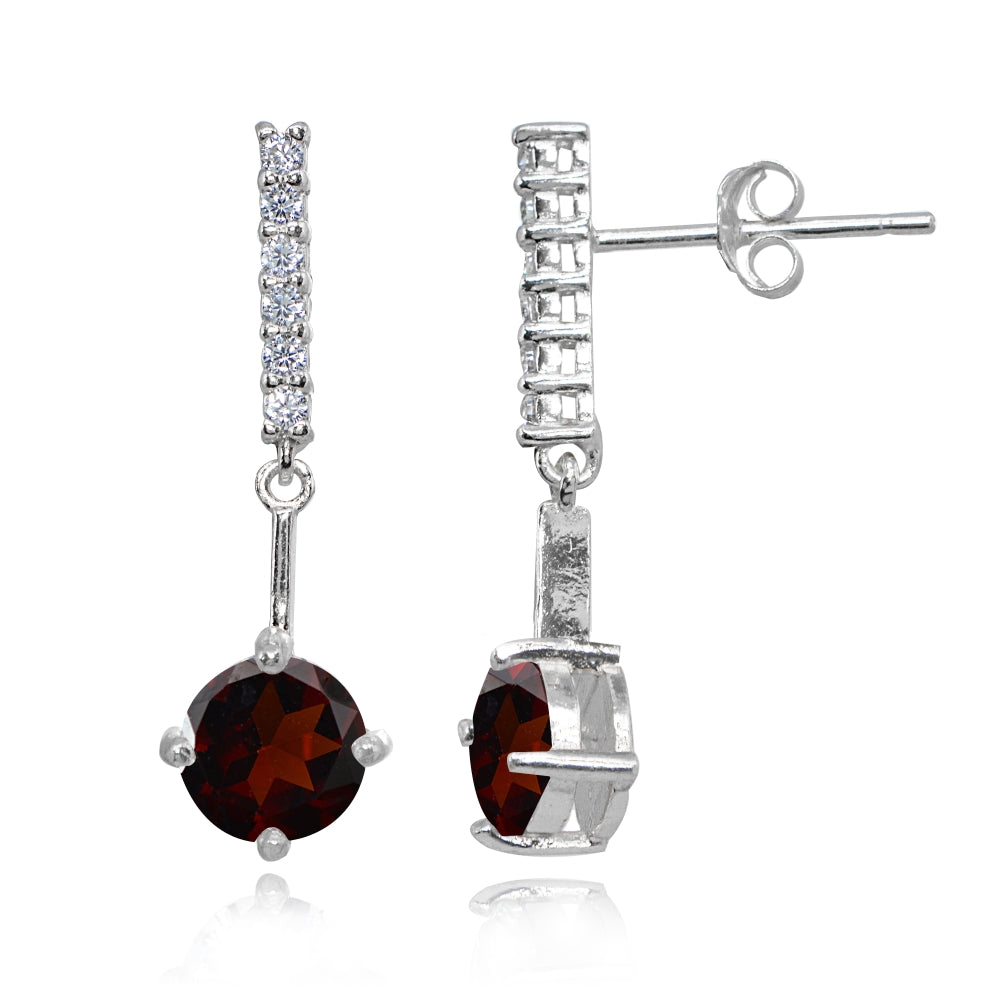 Sterling Silver Garnet & White Topaz Round Encrusted Bar Dangle Drop Earrings