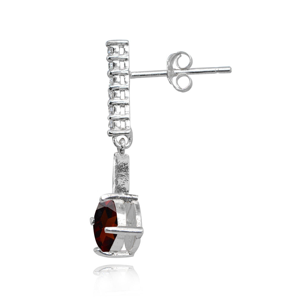 Sterling Silver Garnet & White Topaz Round Encrusted Bar Dangle Drop Earrings-2