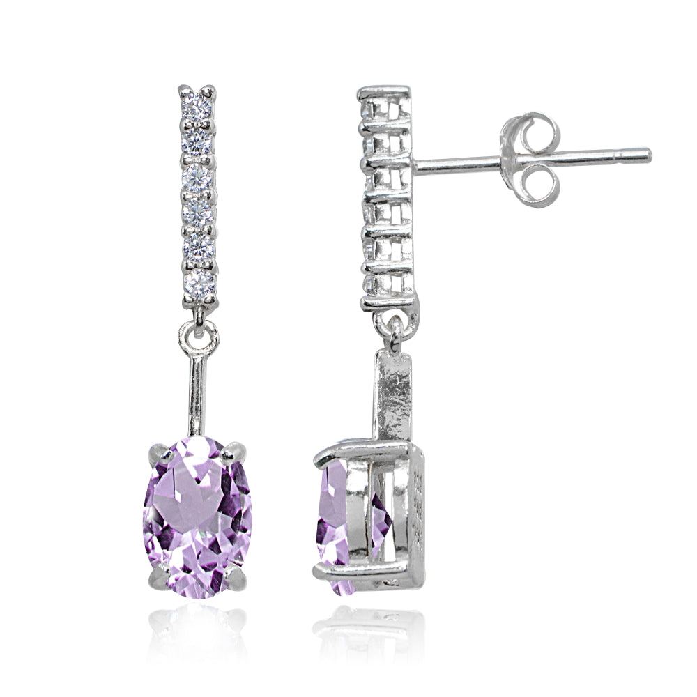 Sterling Silver Amethyst & White Topaz Oval Encrusted Bar Dangle Drop Earrings