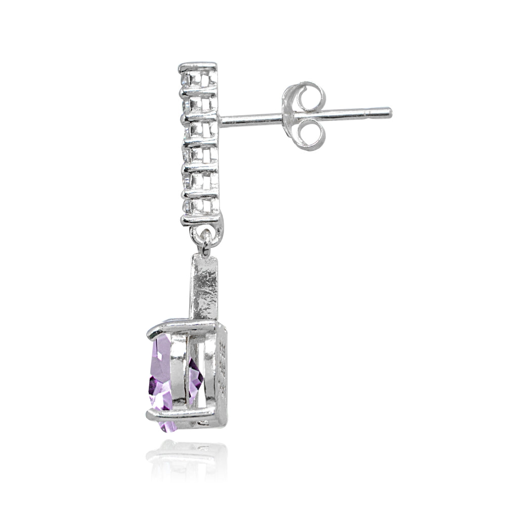 Sterling Silver Amethyst & White Topaz Oval Encrusted Bar Dangle Drop Earrings-2
