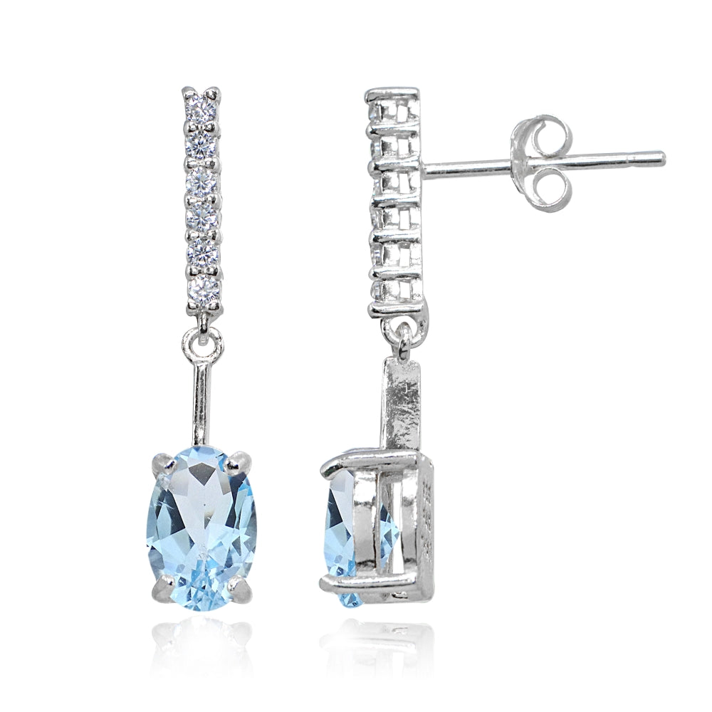 Sterling Silver Blue & White Topaz Oval Encrusted Bar Dangle Drop Earrings