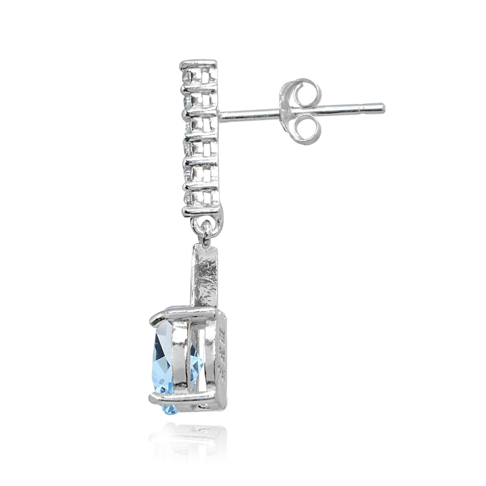 Sterling Silver Blue & White Topaz Oval Encrusted Bar Dangle Drop Earrings-2
