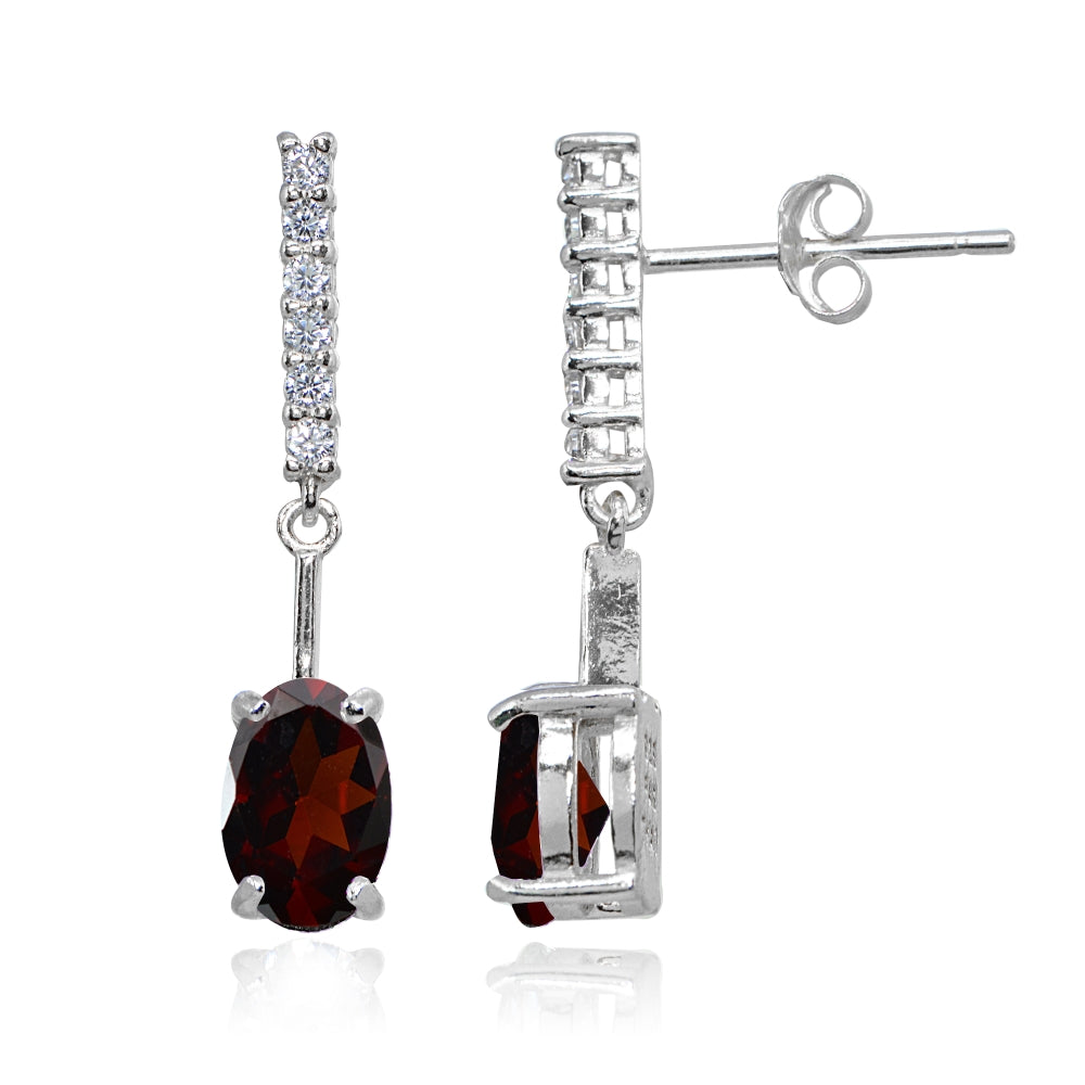 Sterling Silver Garnet & White Topaz Oval Encrusted Bar Dangle Drop Earrings