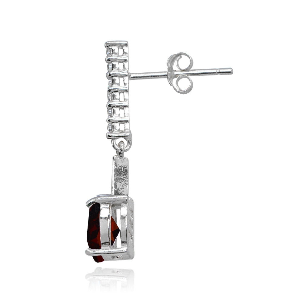 Sterling Silver Garnet & White Topaz Oval Encrusted Bar Dangle Drop Earrings-2