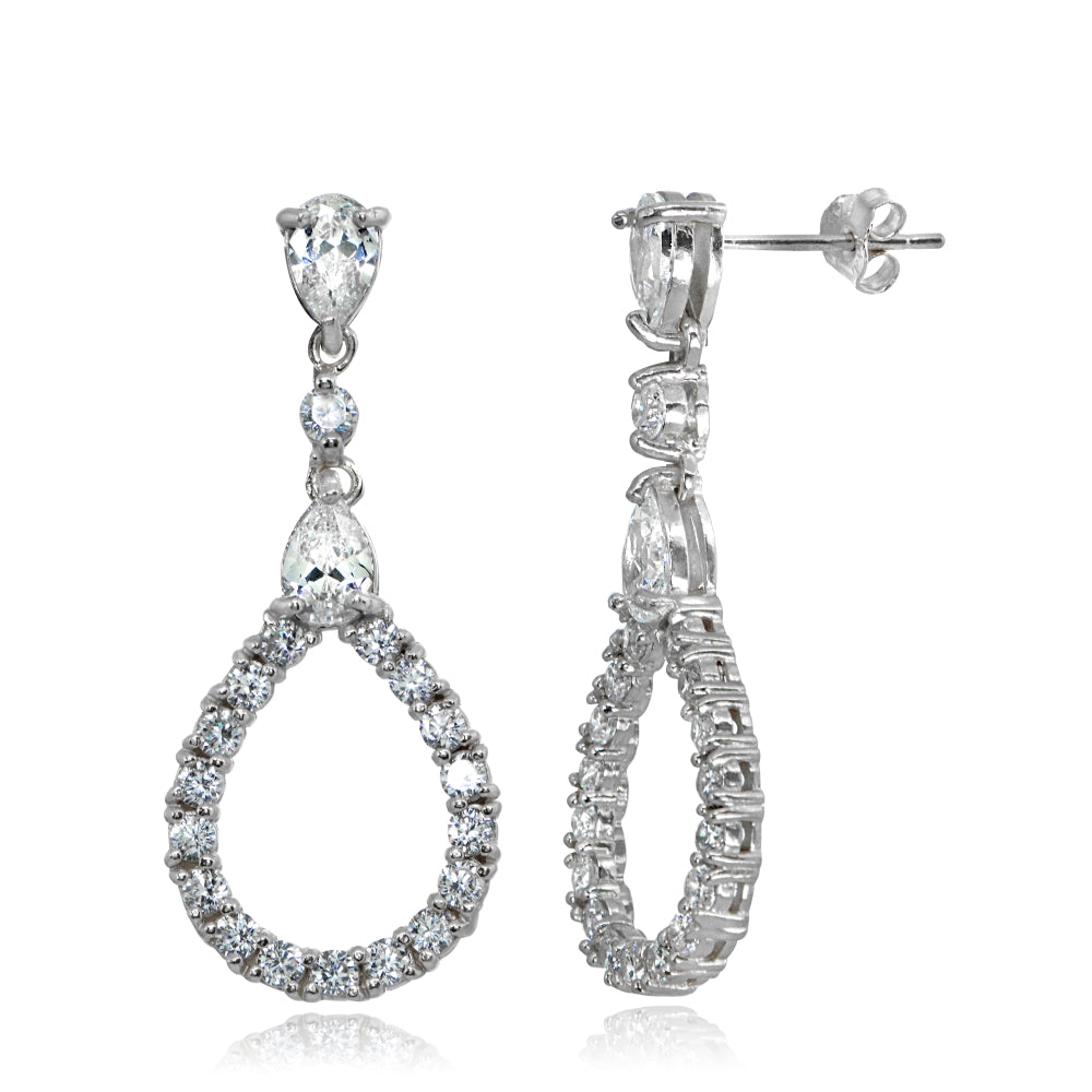 Sterling Silver Cubic Zirconia Teardrop Statement Dangle Drop Earrings