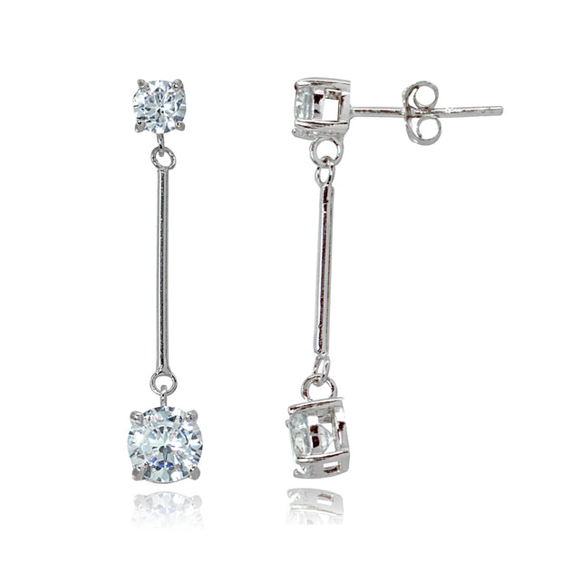 Sterling Silver Cubic Zirconia Round Statement Bar Dangle Drop Earrings