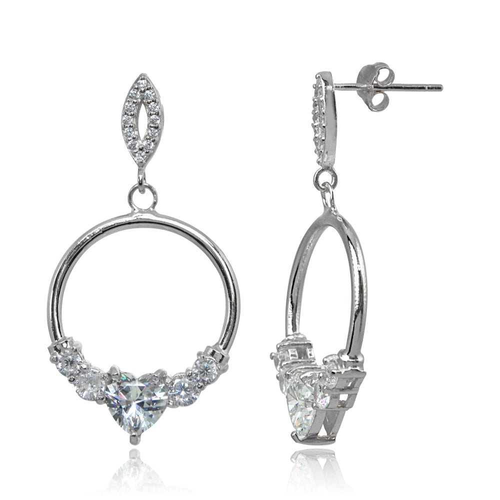 Sterling Silver Cubic Zirconia Heart Frontal Hoop Dangle Drop Earrings