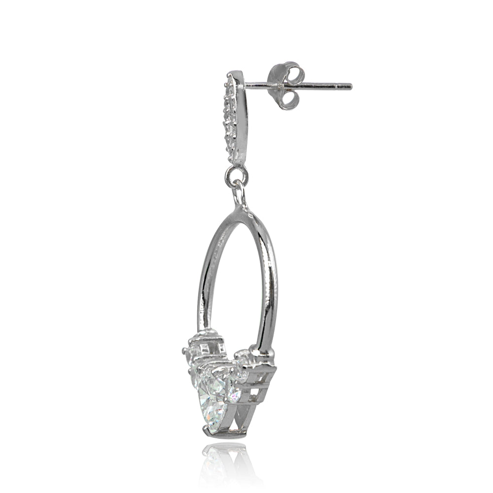 Sterling Silver Cubic Zirconia Heart Frontal Hoop Dangle Drop Earrings-2