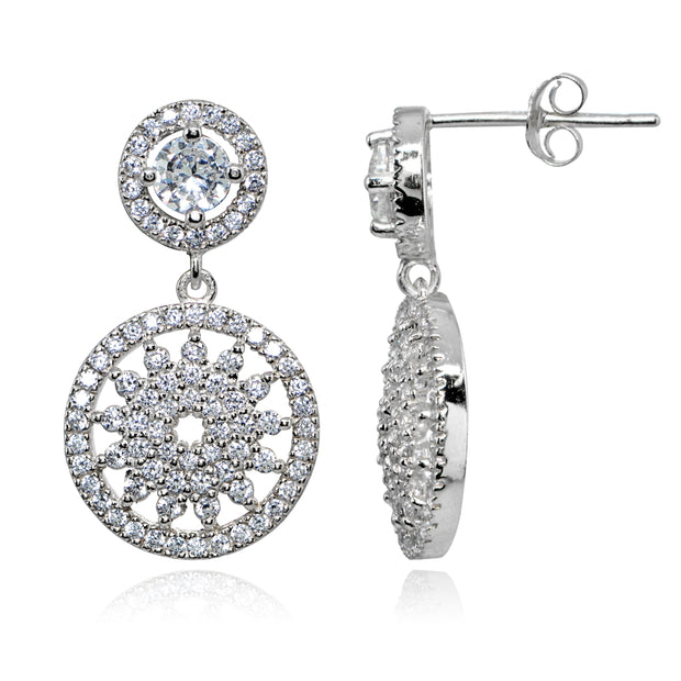 Sterling Silver Polished Cubic Zirconia Round Medallion Cluster Dangle Drop Earrings
