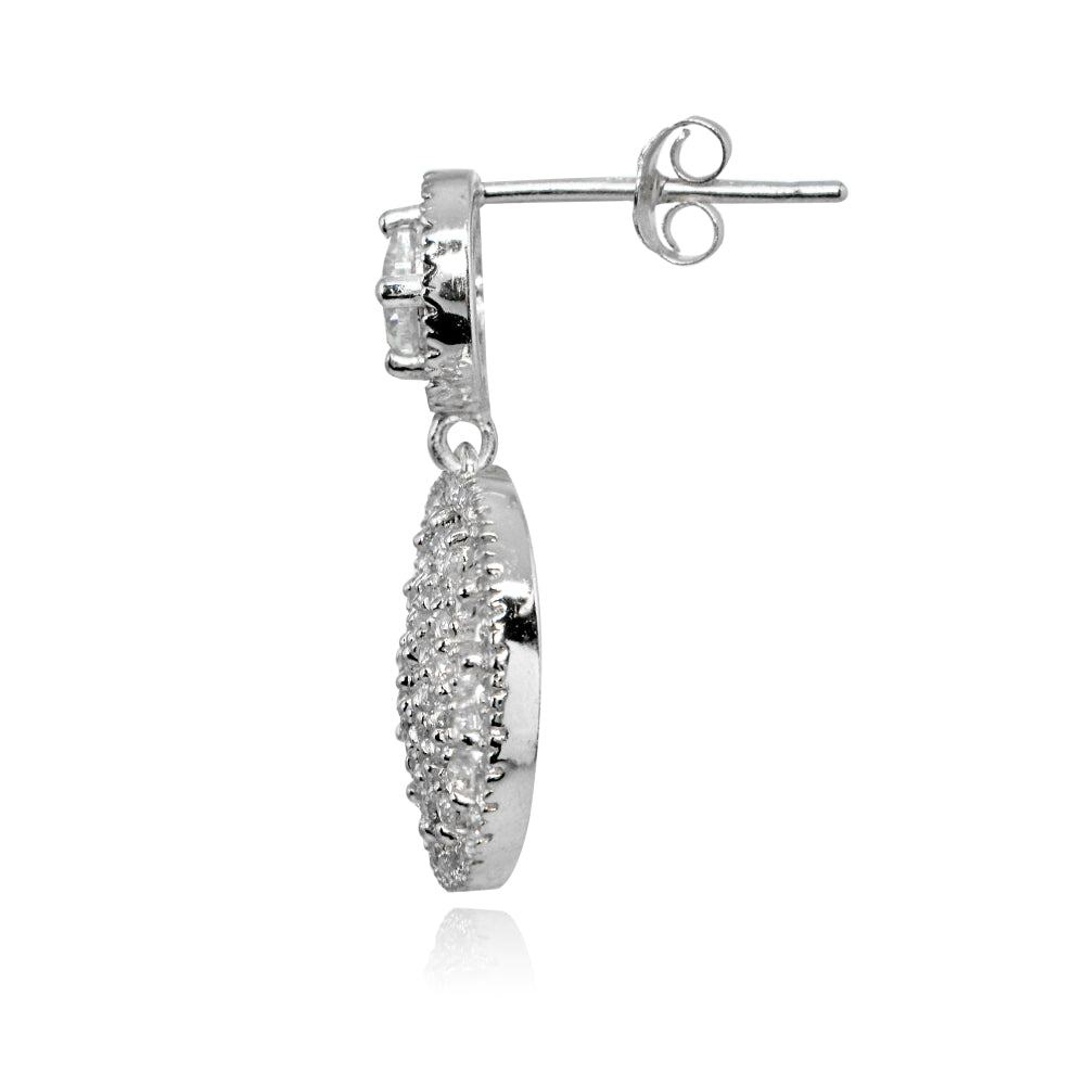 Sterling Silver Polished Cubic Zirconia Round Medallion Cluster Dangle Drop Earrings-2