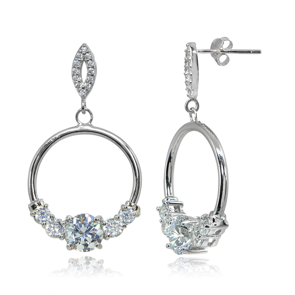 Sterling Silver Cubic Zirconia Round Frontal Hoop Dangle Drop Earrings