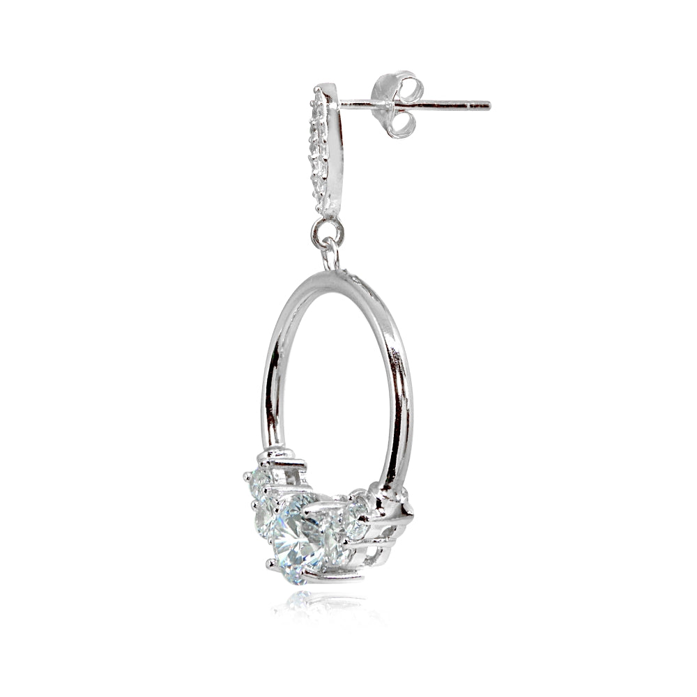 Sterling Silver Cubic Zirconia Round Frontal Hoop Dangle Drop Earrings-2