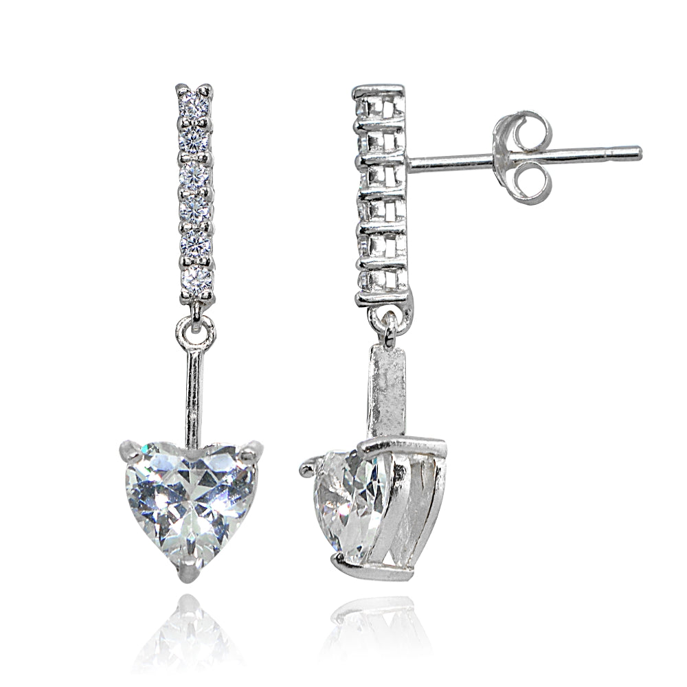 Sterling Silver Cubic Zirconia Heart Encrusted Bar Statement Dangle Drop Earrings