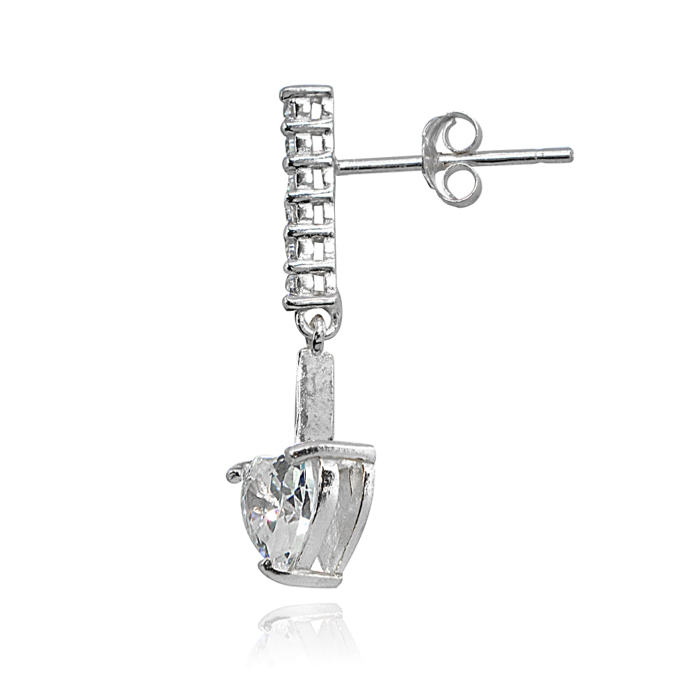Sterling Silver Cubic Zirconia Heart Encrusted Bar Statement Dangle Drop Earrings-2
