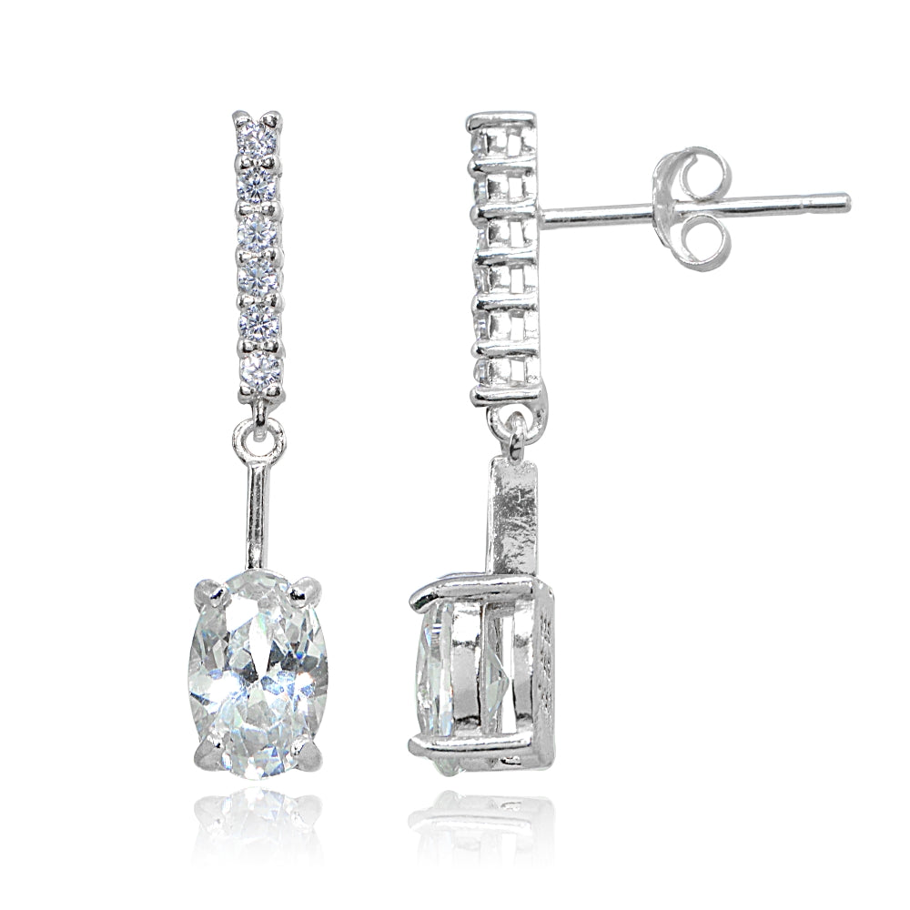 Sterling Silver Cubic Zirconia Oval-cut Encrusted Bar Statement Dangle Drop Earrings