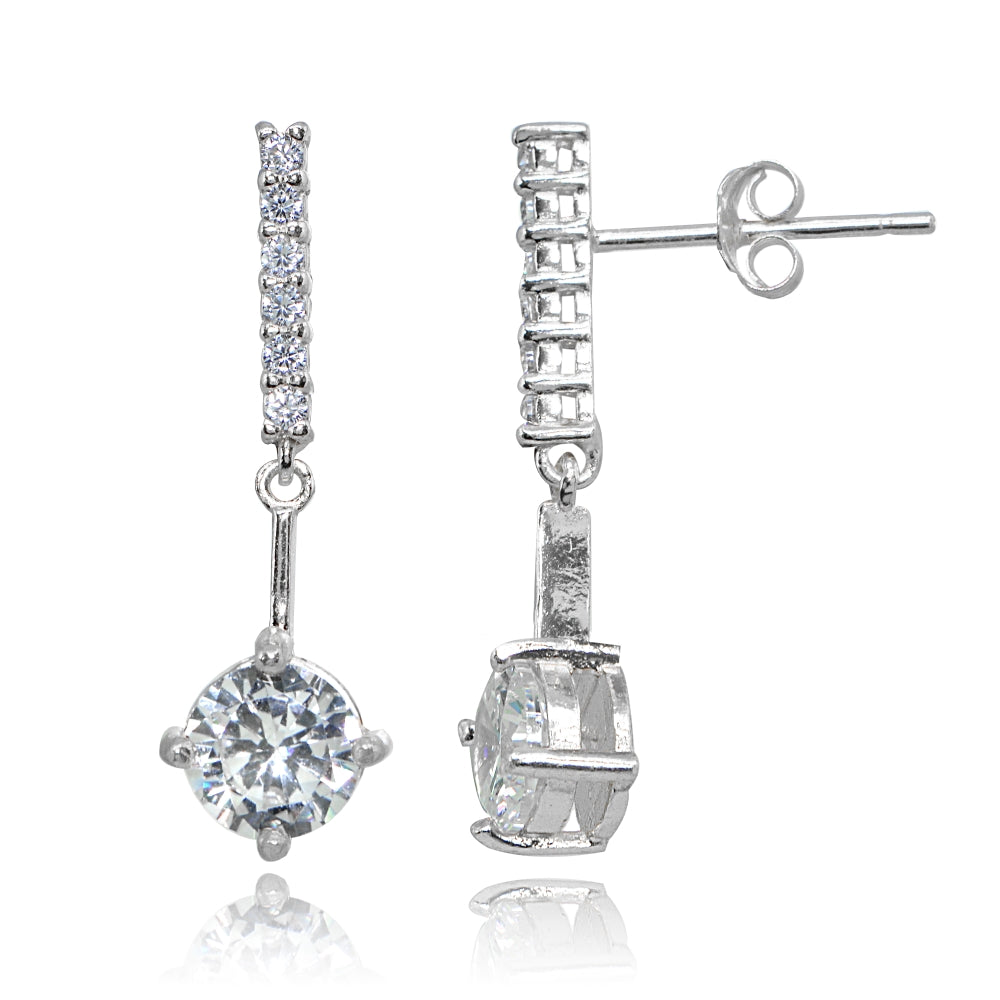 Sterling Silver Cubic Zirconia Round-cut Encrusted Bar Statement Dangle Drop Earrings