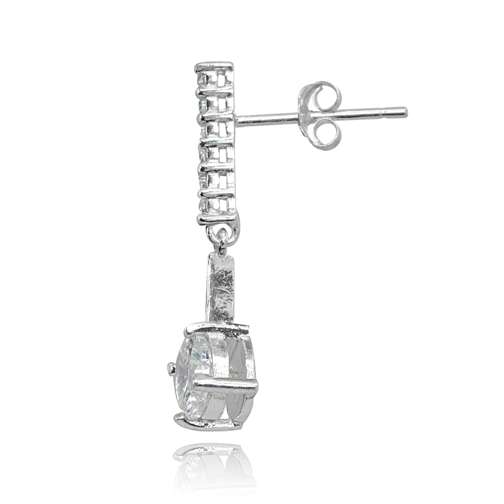 Sterling Silver Cubic Zirconia Round-cut Encrusted Bar Statement Dangle Drop Earrings-2