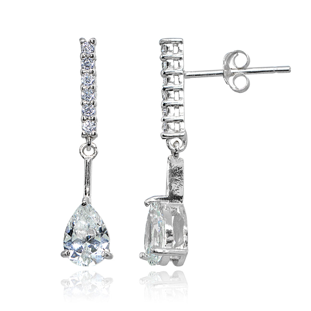 Sterling Silver Cubic Zirconia Teardrop Encrusted Bar Statement Dangle Drop Earrings
