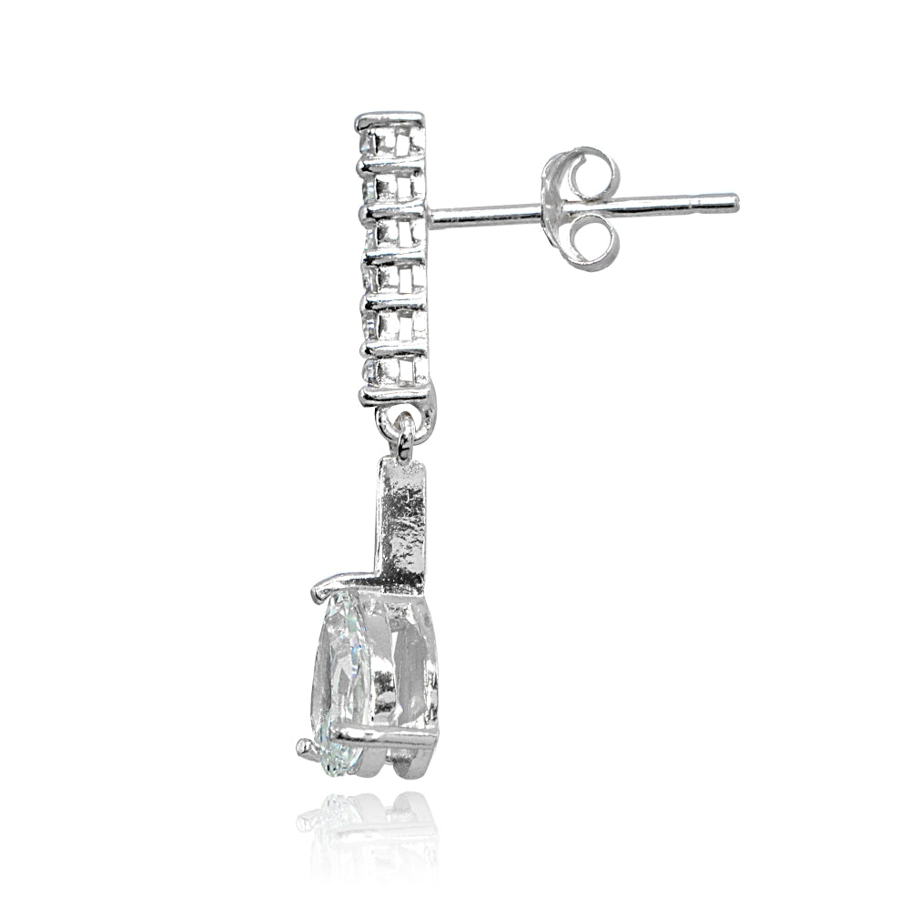 Sterling Silver Cubic Zirconia Teardrop Encrusted Bar Statement Dangle Drop Earrings-2