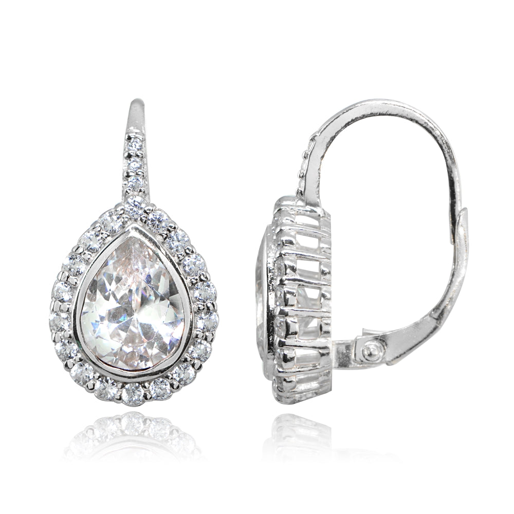 Sterling Silver Polished Cubic Zirconia Teardrop Halo Leverback Earrings