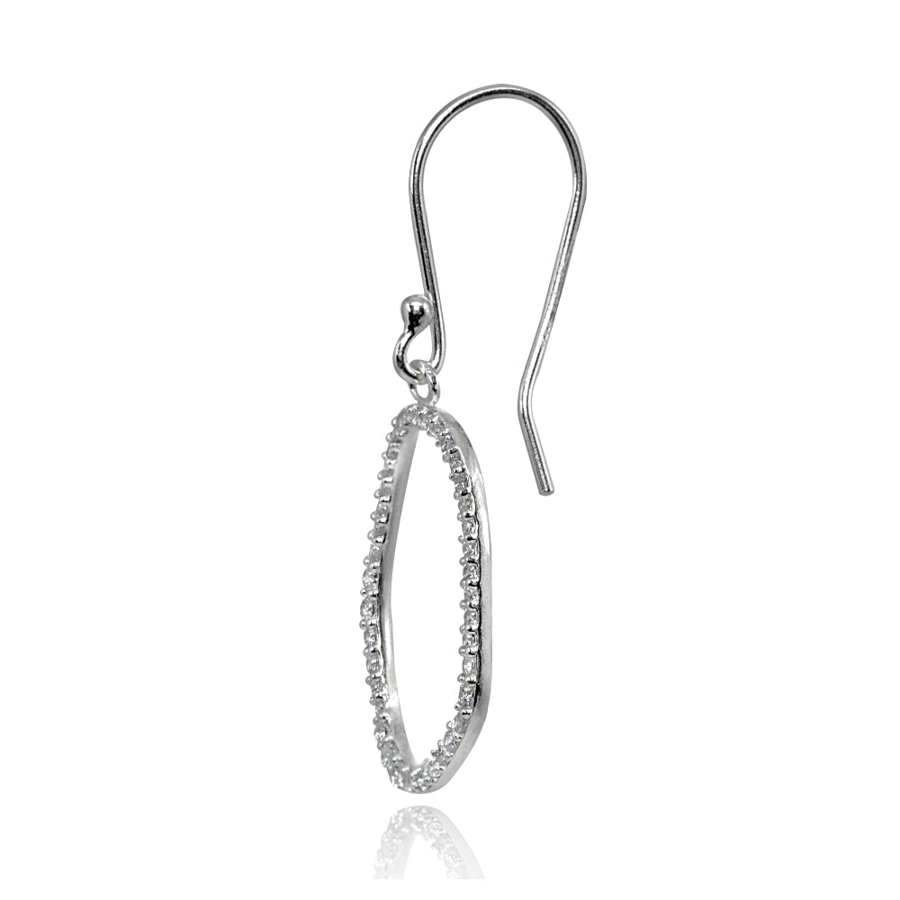 Sterling Silver Polished Cubic Zirconia Geometric Dainty Fishhook Dangle Earrings-2