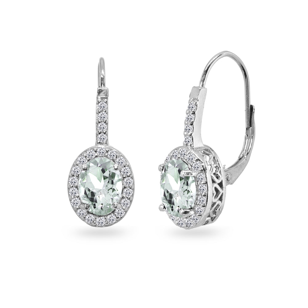Sterling Silver Light Aquamarine & Cubic Zirconia 8x6mm Oval Halo Drop Leverback Earrings