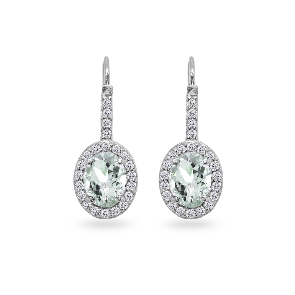 Sterling Silver Light Aquamarine & Cubic Zirconia 8x6mm Oval Halo Drop Leverback Earrings-2